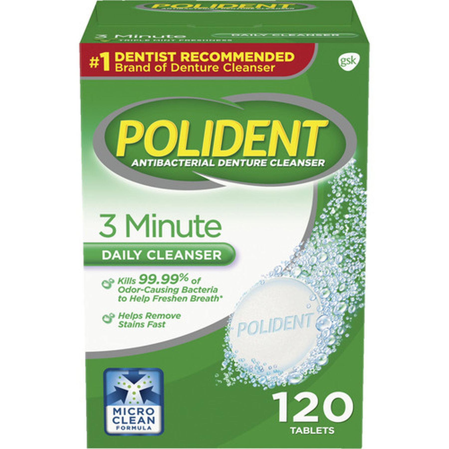 Polident 3 Minute Antibacterial Denture Cleanser Tablets 120ct.