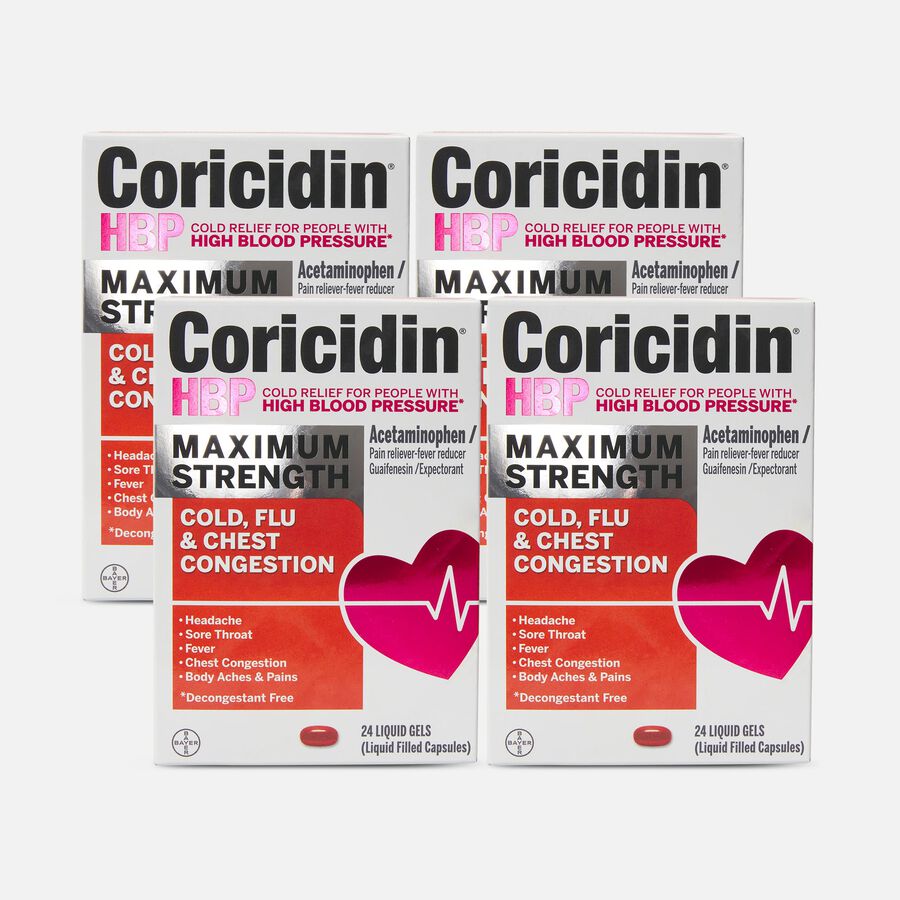 Coricidin HBP Maximum Strength Cold, Cough & Flu Medicine, Liquid Gels (4-Pack), , large image number 0