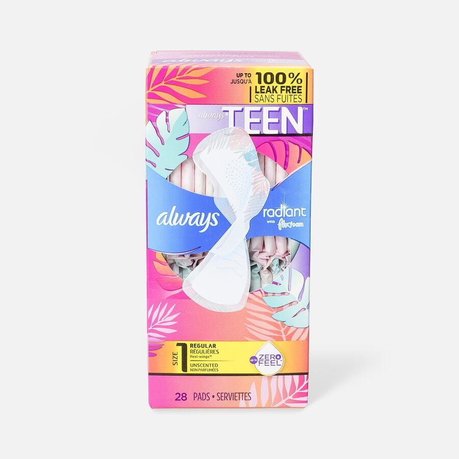 Always Radiant FlexFoam Teen Pads Regular Absorbency, with Wings, Unscented, 28 ct., , large image number 0