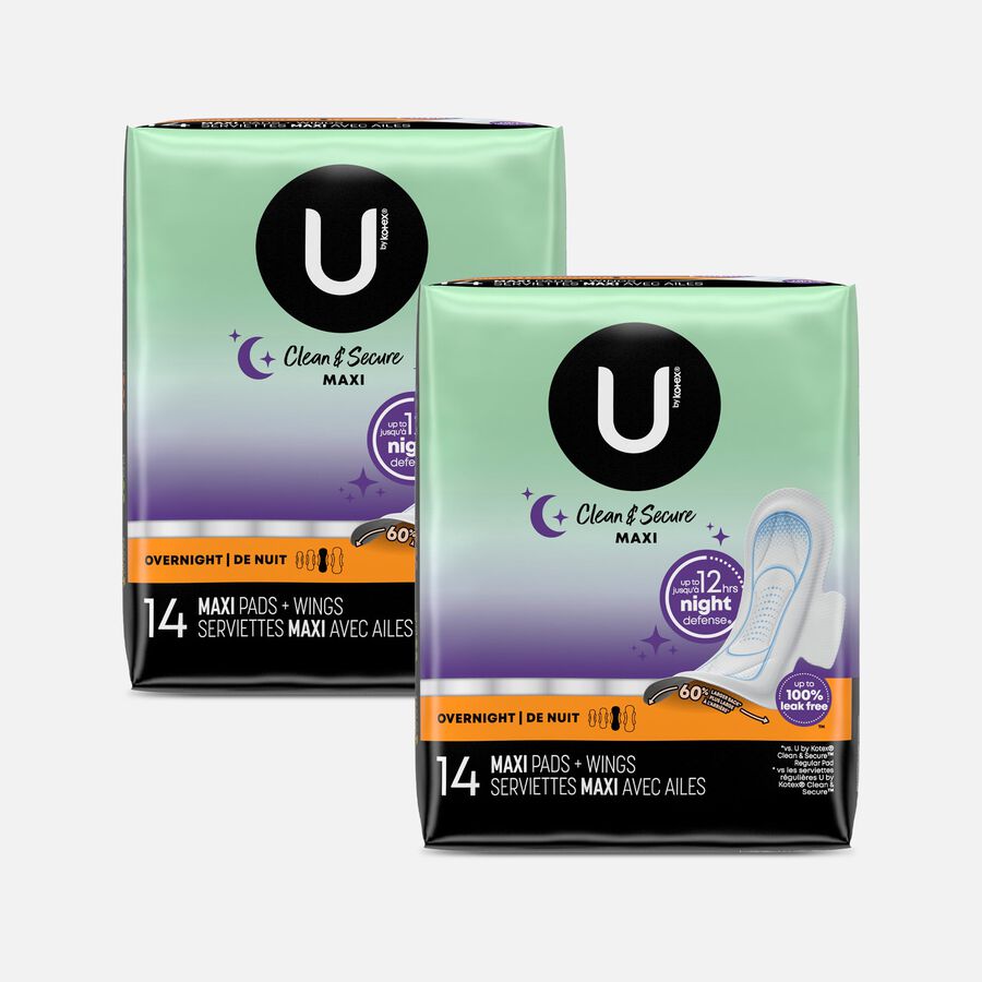 U by Kotex Security Maxi Pad with Wings, Overnight, Unscented, 14 ct. (2-Pack), , large image number 0