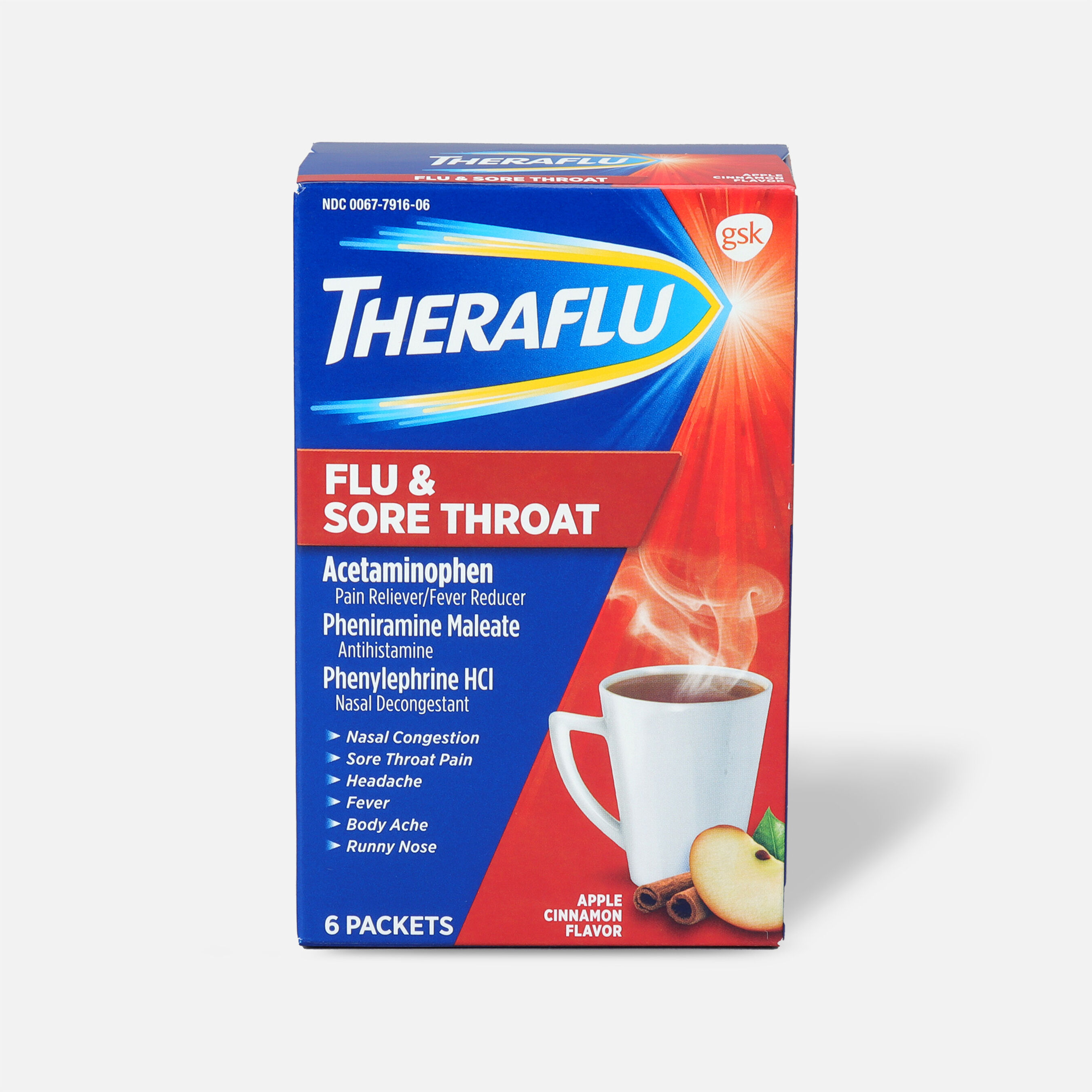 Theraflu Flu & Sore Throat Powder, Apple Cinnamon, 6 ct