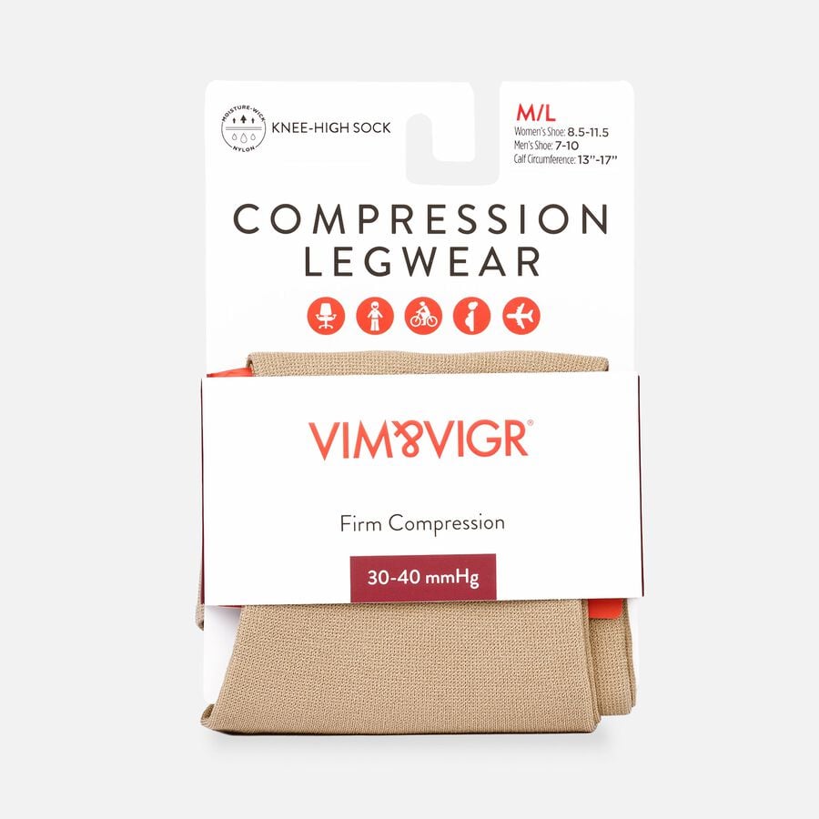 VIM & VIGR Solid Moisture-Wick Nylon Compression Socks, Cashew, M/L, 30-40 mmHg, , large image number 1
