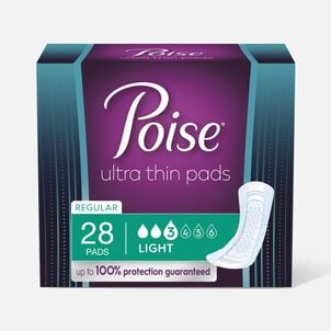 Poise Ultra Thin Incontinence Pads for Women, 3 Drop, Light Absorbency,  Regular, 28Ct, 28 Count 