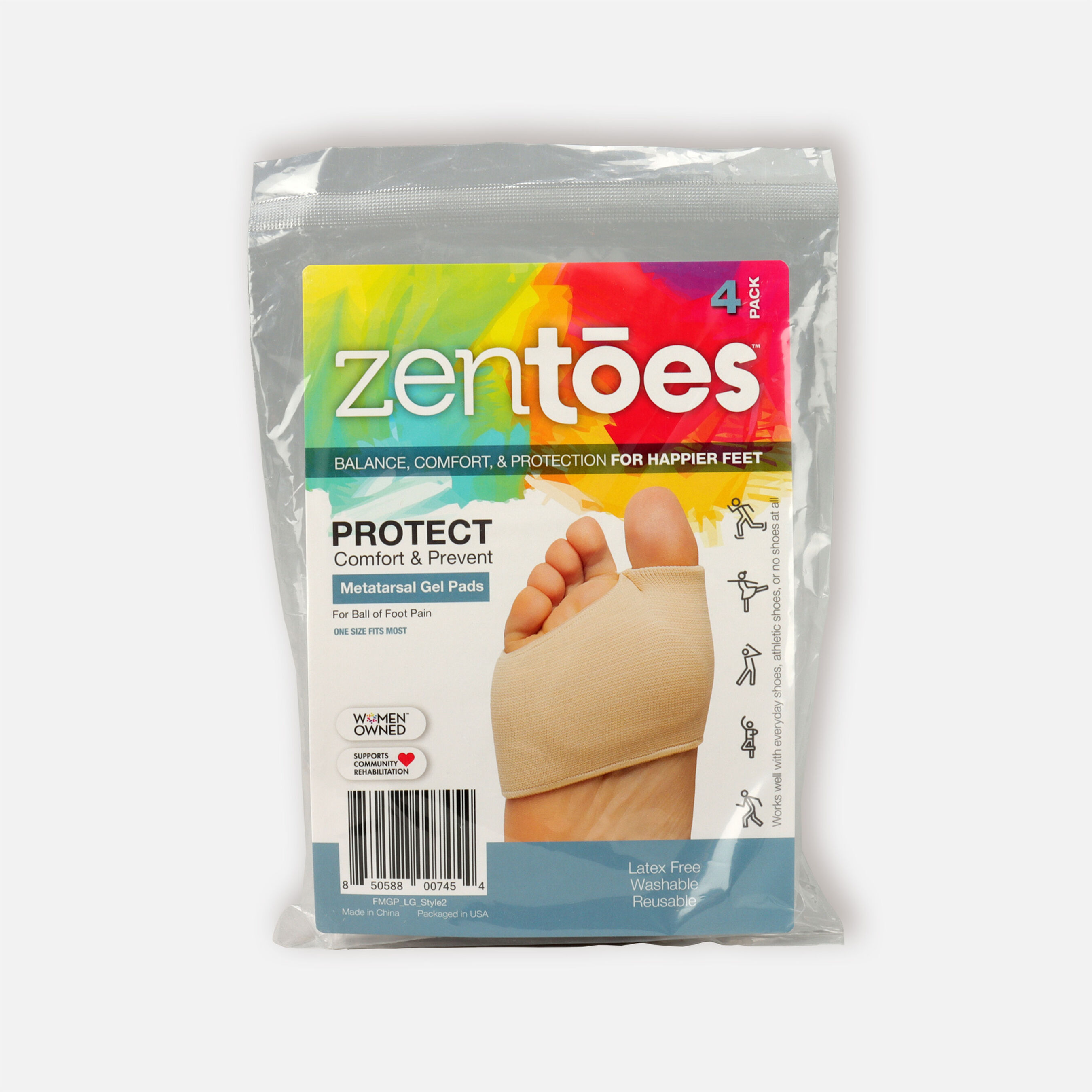 ZenToes Fabric Metatarsal Sleeve with Sole Cushion Gel Pads 4 Pack