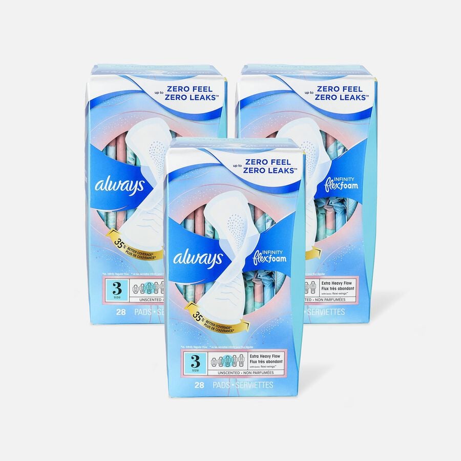 Always Infinity FlexFoam Pads for Women Size 3 Extra Heavy Flow Absorbency, with Wings Unscented, 28 ct. (3-Pack), , large image number 0