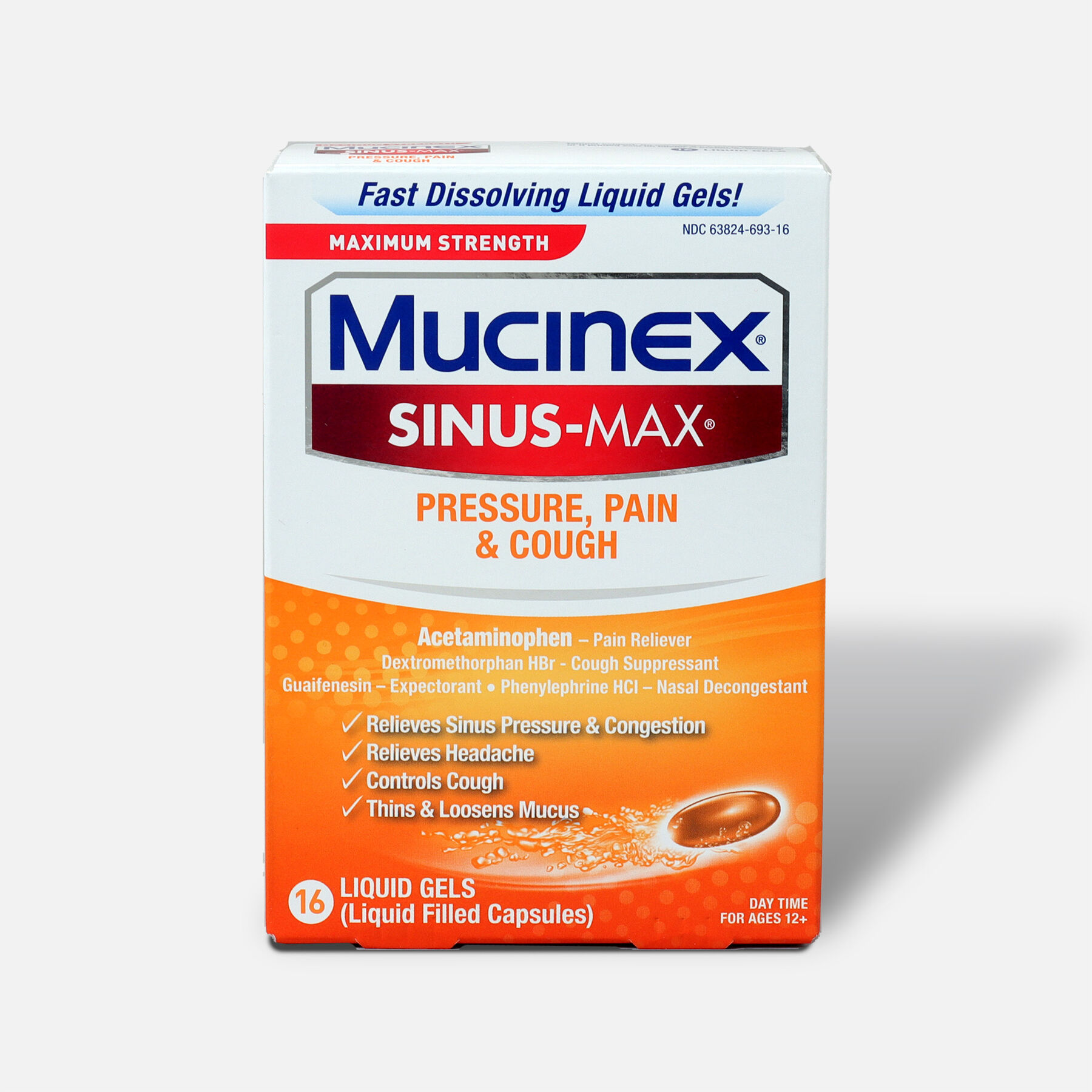 Mucinex SinusMax Liquid Gels Pressure, Pain and Cough, 16 ct