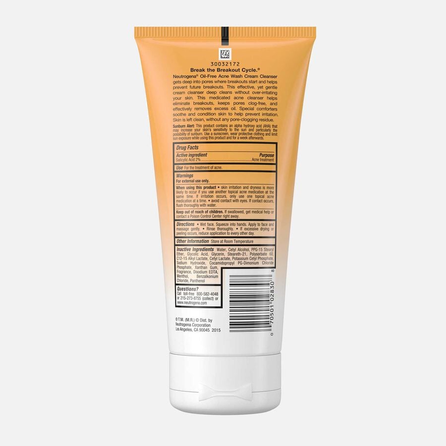Neutrogena Oil-Free Acne Wash Cream Cleanser, 6.7 fl oz., , large image number 1