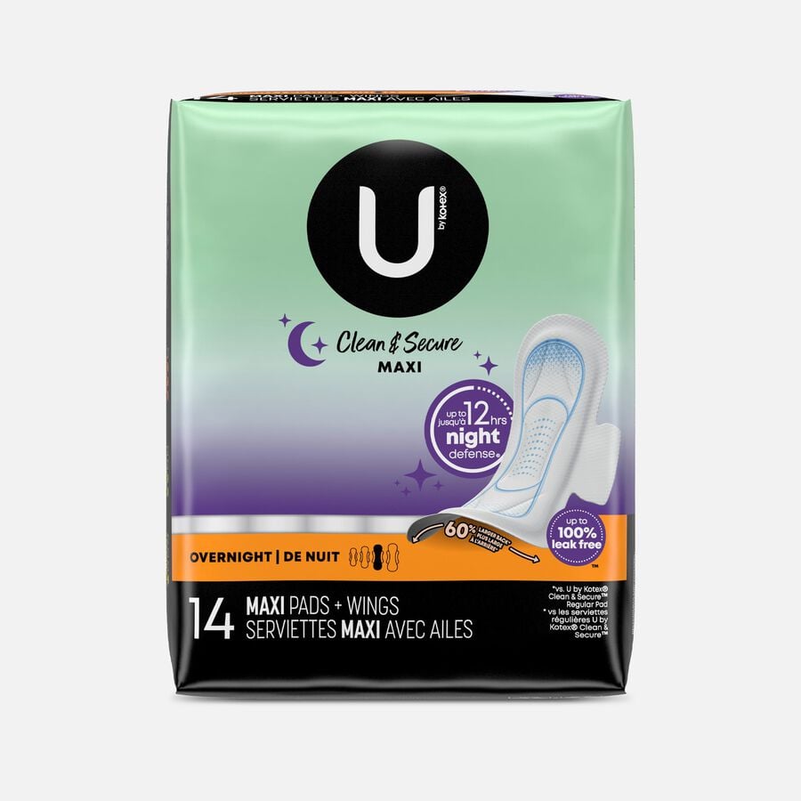 U by Kotex Clean & Secure Overnight Maxi Pads with Wings, 14 ct., , large image number 0