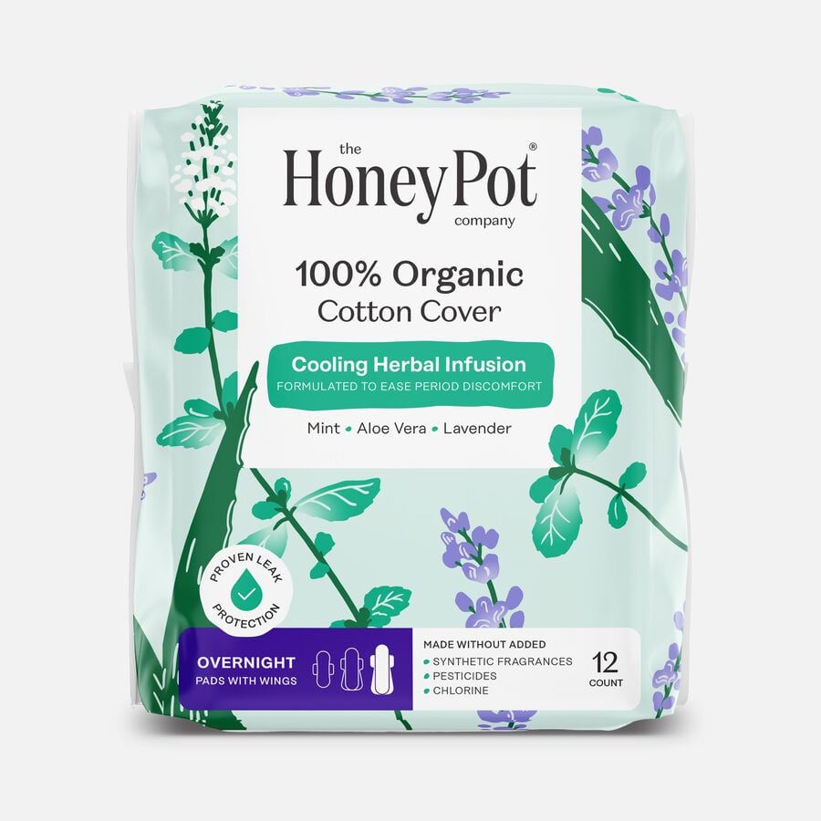 The Honey Pot 100% Organic Top Sheet Overnight Herbal Menstrual Pads with Wings, 12 ct., , large image number 0
