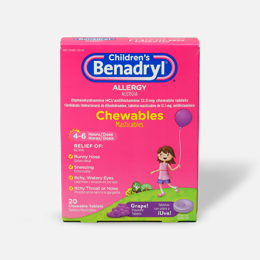 Children's Benadryl Chewable Tablets, Grape Flavored, 20 ct., , large image number 0