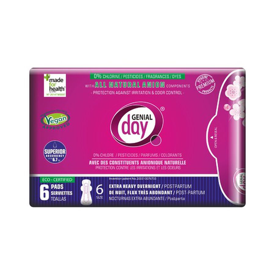 Genial Day Extra Heavy Overnight Pads w/Anion Strip, 6 ct., , large image number 0