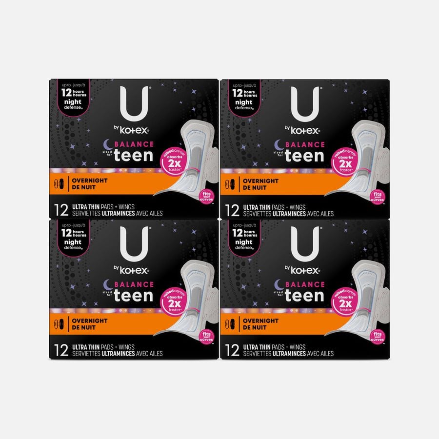 U by Kotex Super Premium Ultra Thin Overnight with Wings Teen Pad, 12 ct. (4-Pack), , large image number 0
