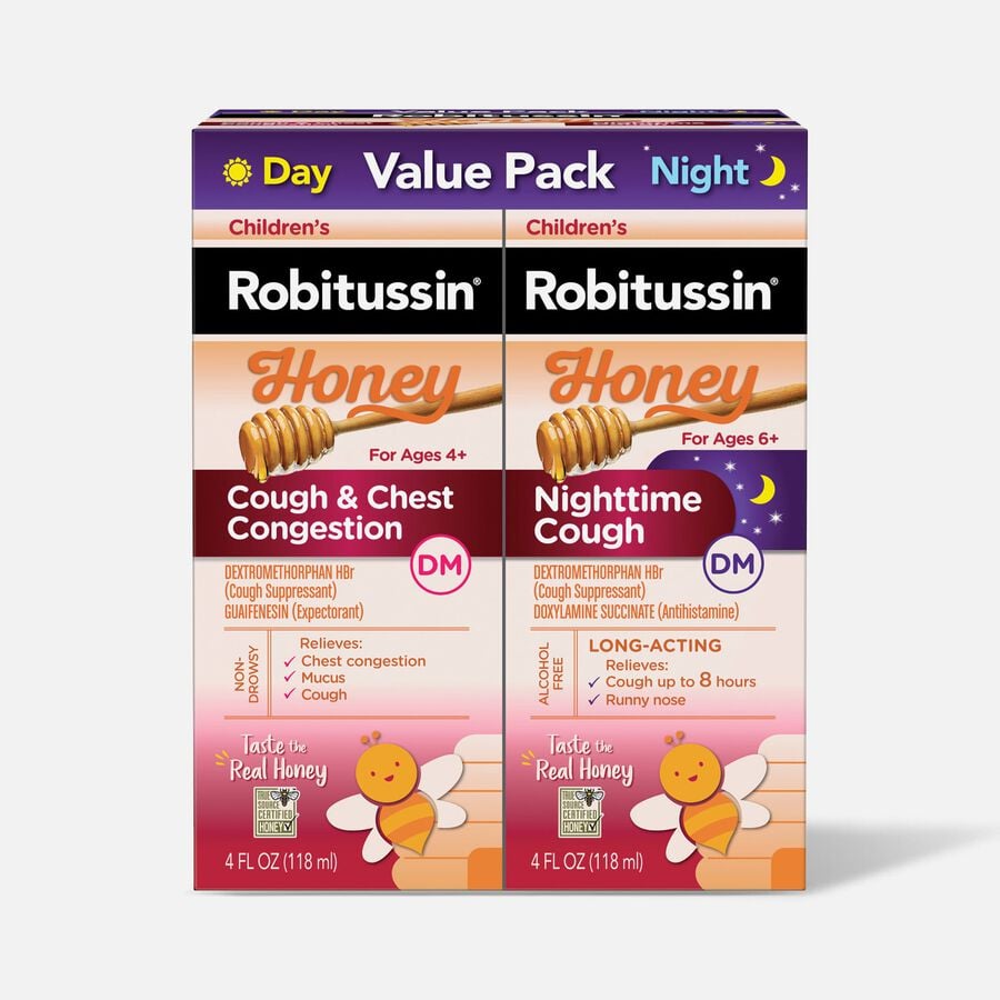 Children's Robitussin Cough & Chest Congestion DM and Nighttime Cough DM, Variety Pack, Honey Flavor, 2X4 fl oz. Bottles, , large image number 0