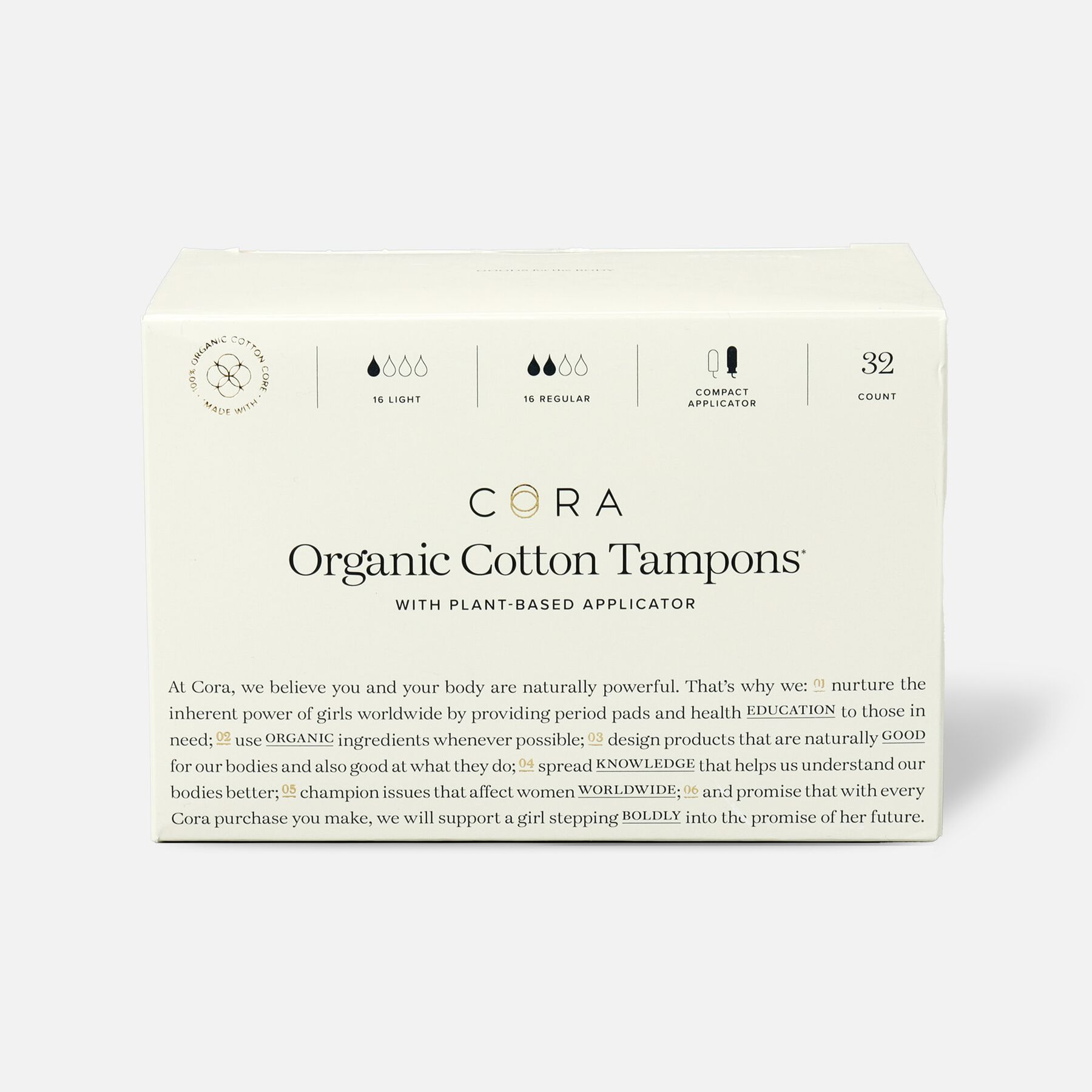 Cora Organic Cotton Applicator Tampons, Light/Regular, 32ct