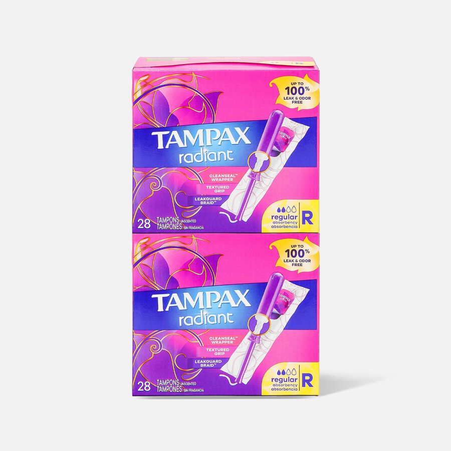 Tampax Radiant Tampons Regular Absorbency with BPA-Free Plastic Applicator and LeakGuard Braid, Unscented, 28 ct. (2-Pack), , large image number 0