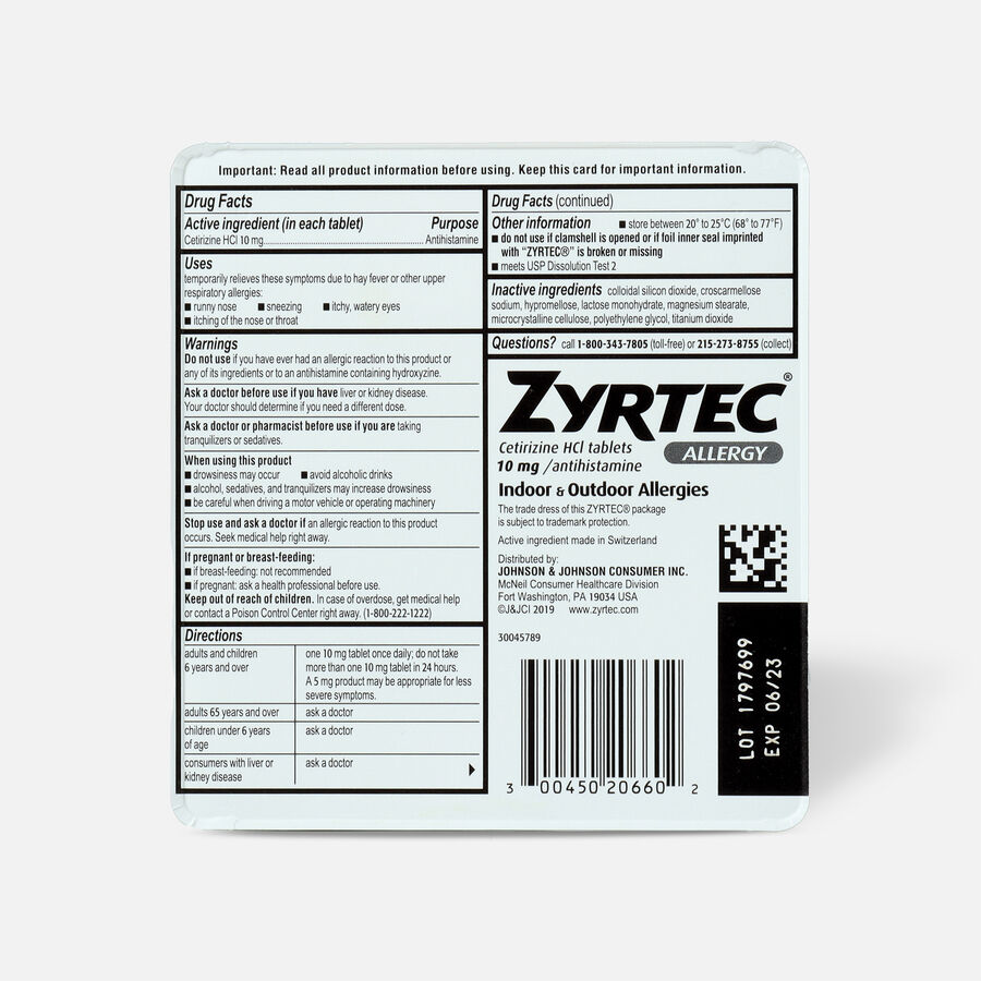 Zyrtec Adult Allergy Relief Tablets, 10mg, 60 ct