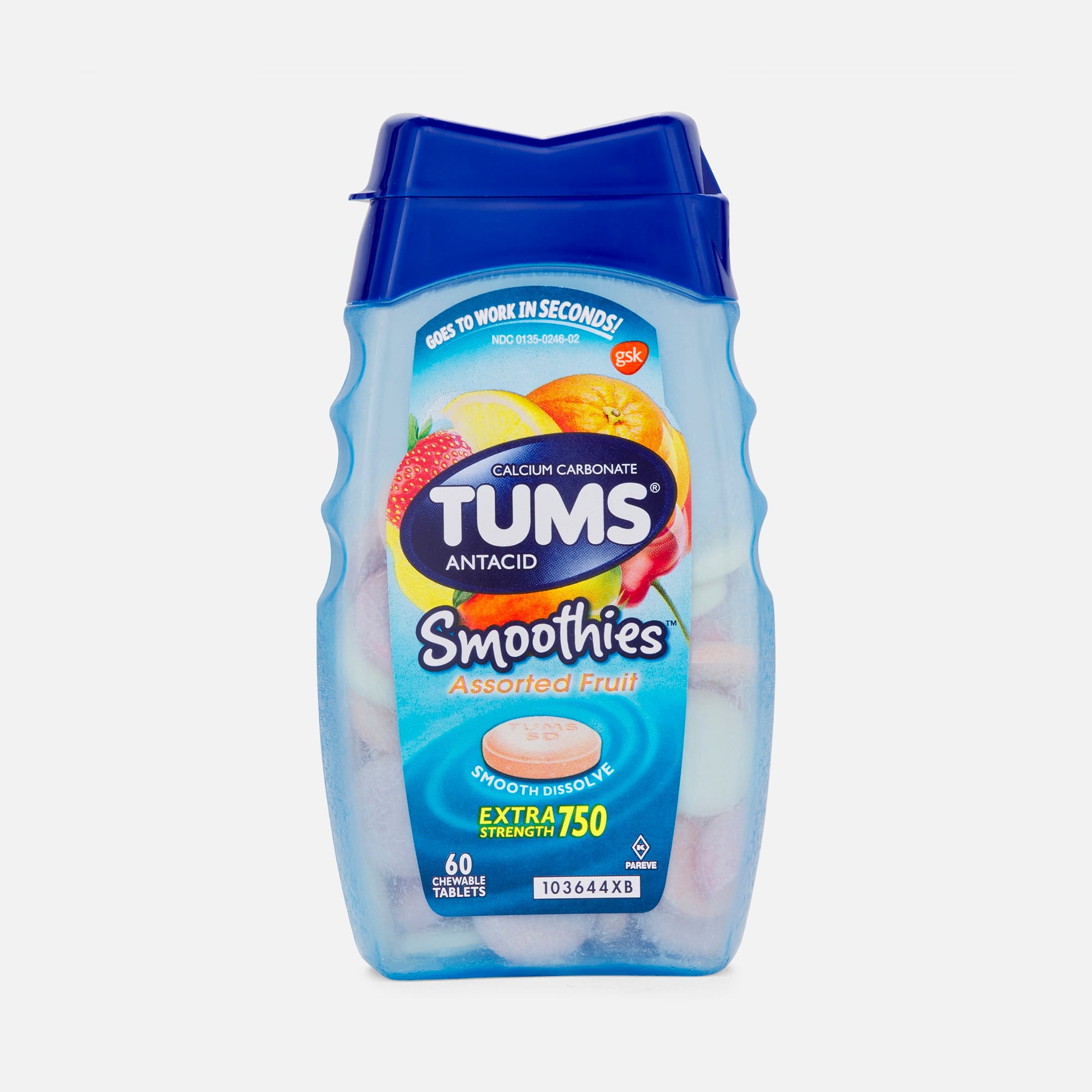 TUMS Smoothies Extra Strength Antacid Chewable Tablets, Assorted Fruit, 60 ct.
