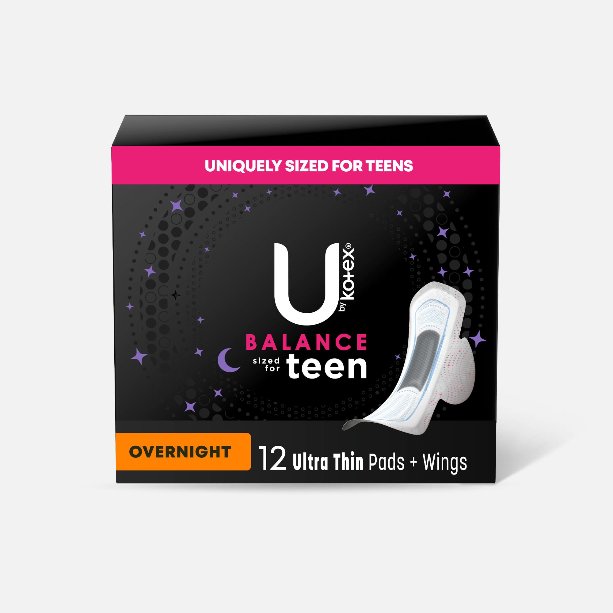 HSA Eligible  U by Kotex Super Premium Ultra Thin Overnight with Wings  Teen Pad, 12ct