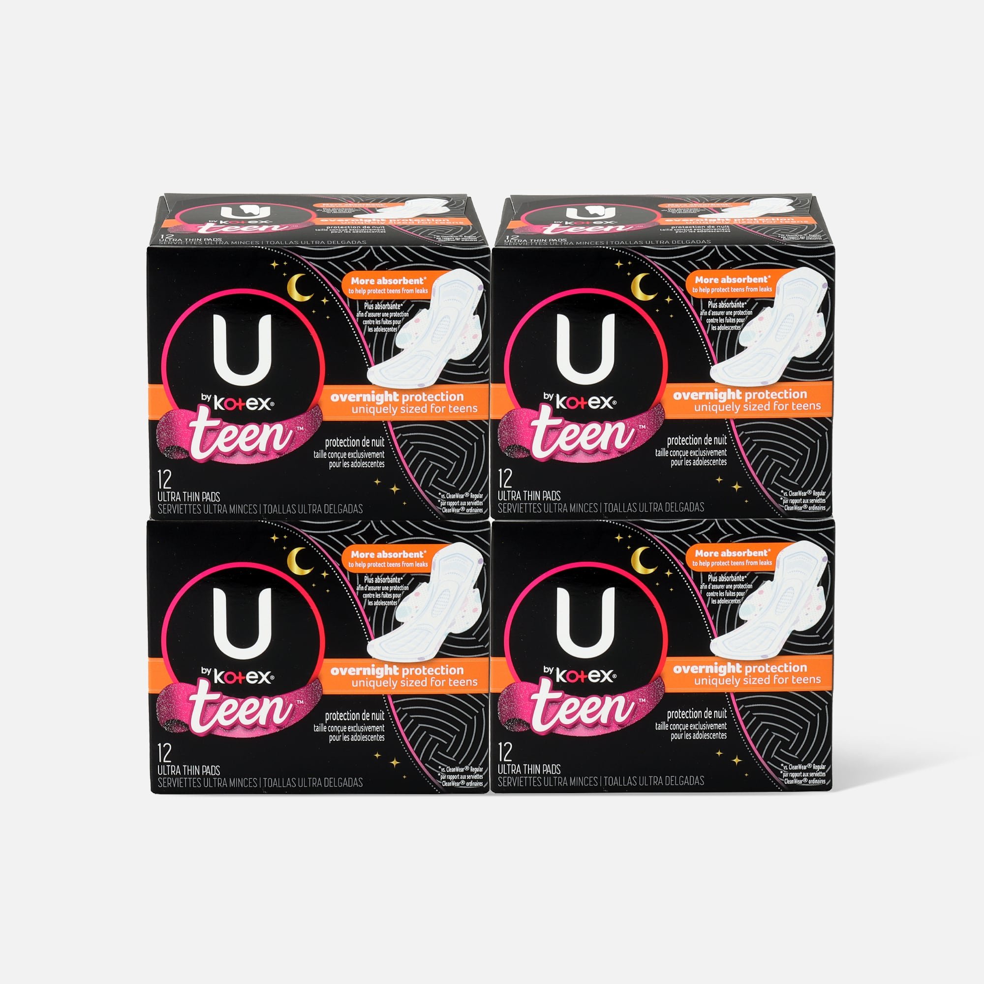 HSA Eligible  U by Kotex Super Premium Ultra Thin Overnight with Wings  Teen Pad, 12 ct. (4-Pack)