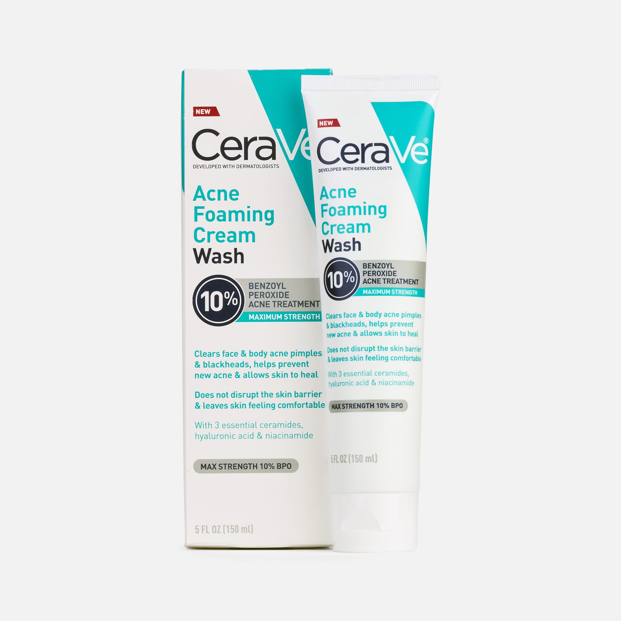 HSA Eligible  CeraVe Acne Foaming Cream Face & Body Wash with Benzoyl  Peroxide 10% Maximum Strength, 5 fl oz.