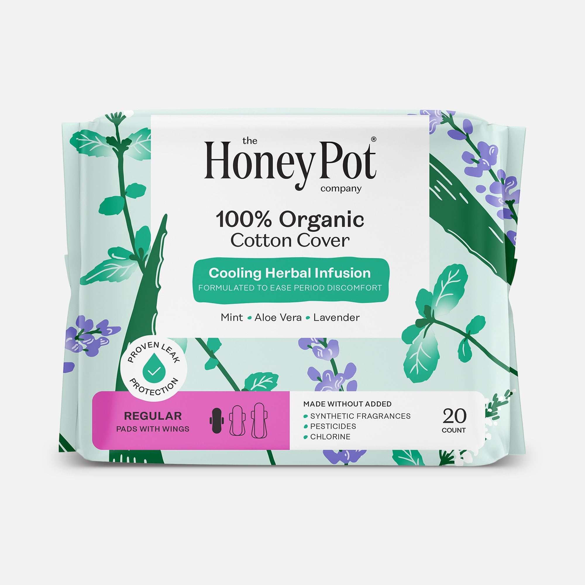 The Honey Pot 100% Organic Top Sheet Overnight Herbal Menstrual Pads with Wings, 12 ct.