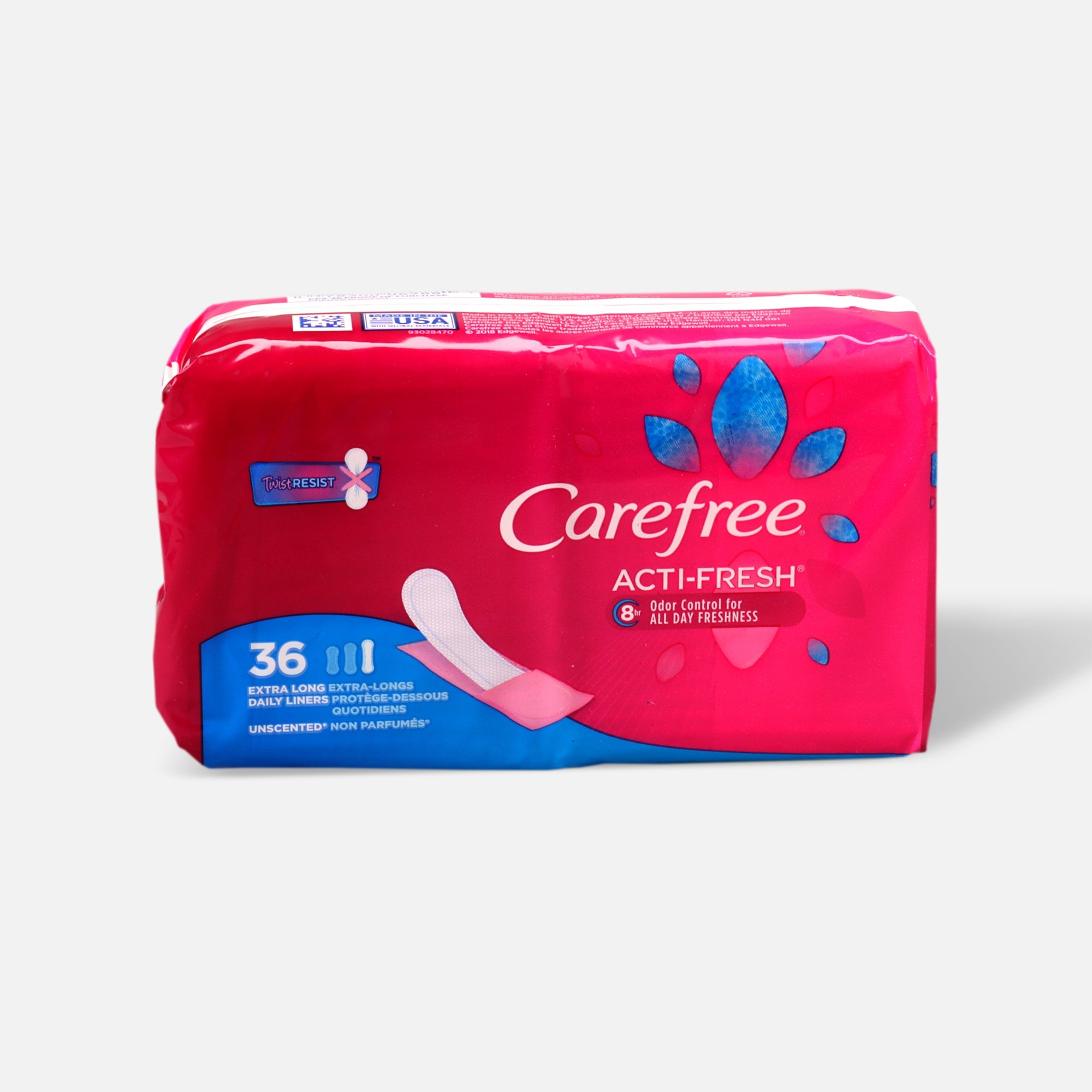 HSA Eligible | Carefree Acti-Fresh Extra Long Pantiliners, Unscented, 36ct
