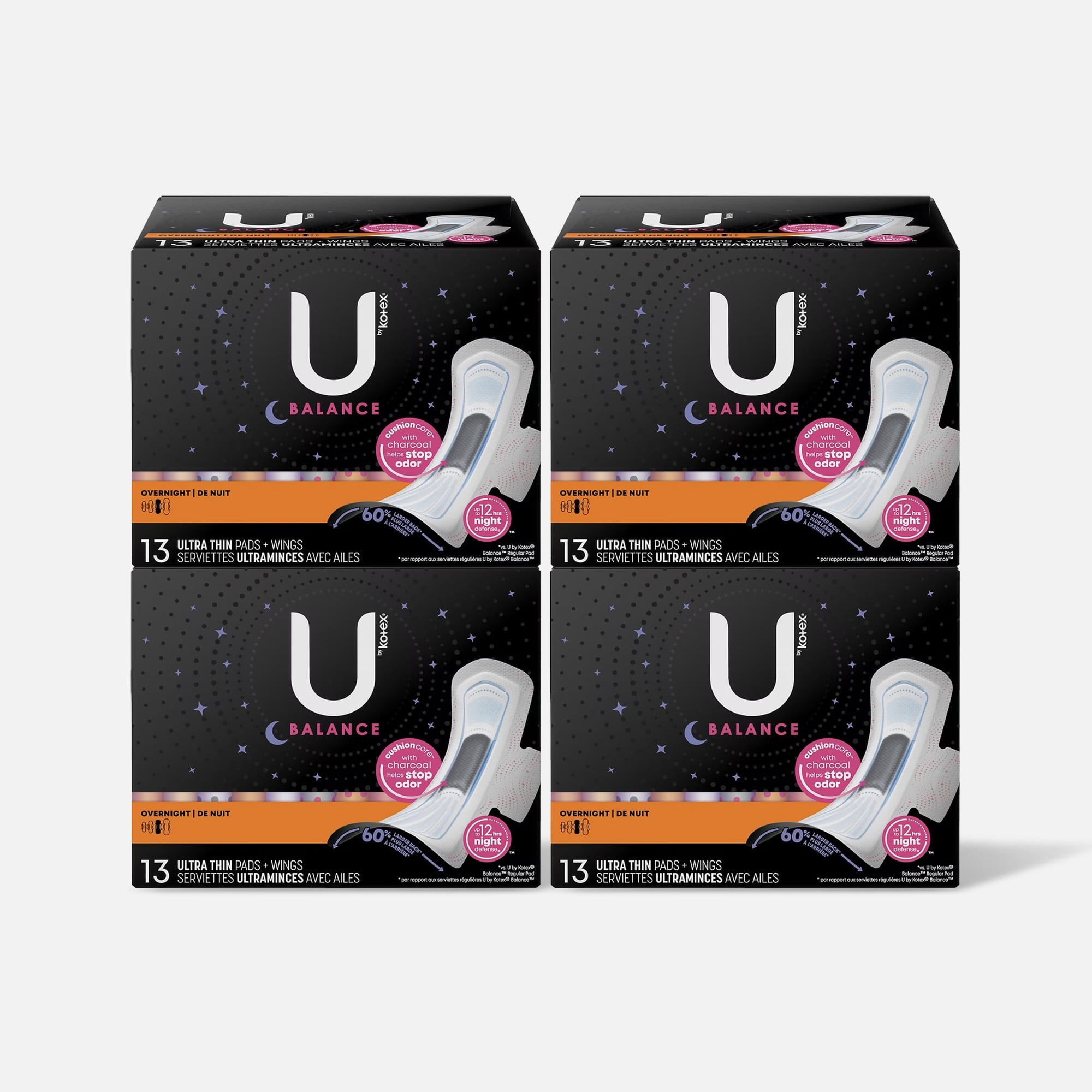 HSA Eligible  U by Kotex Balance Ultra Thin Overnight Pads with Wings, 13  ct. (4-Pack)
