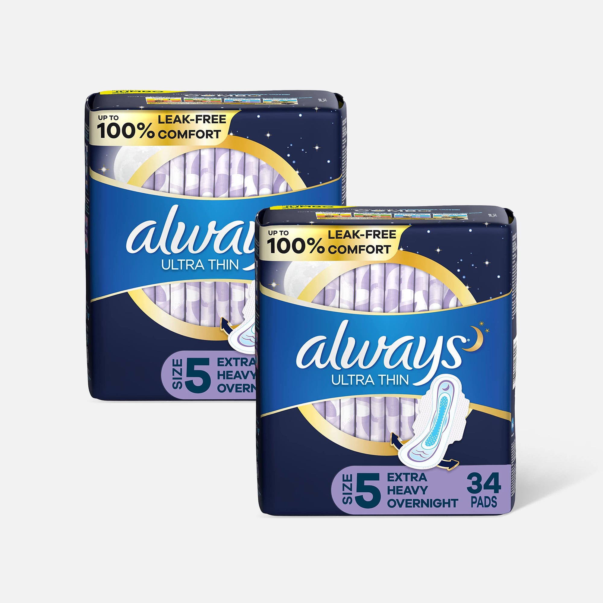 HSA Eligible  Always Ultra Thin Pads Extra Heavy Overnight Absorbency  Unscented with Wings, Size 5, 34 ct. (2-Pack)
