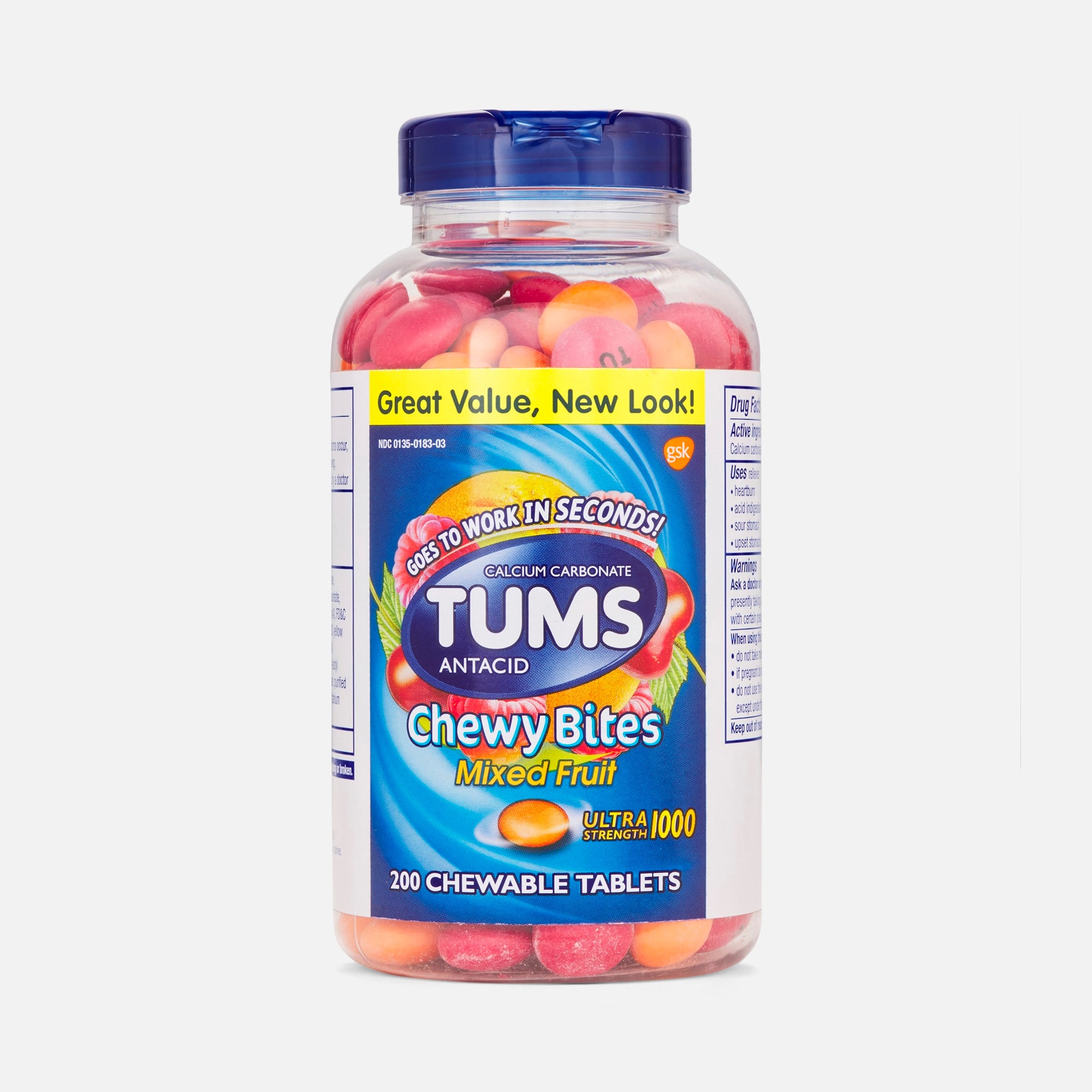 TUMS Chewy Bites Ultra Strength Antacid Chewable Tablets, Mixed Fruit, 200 ct.