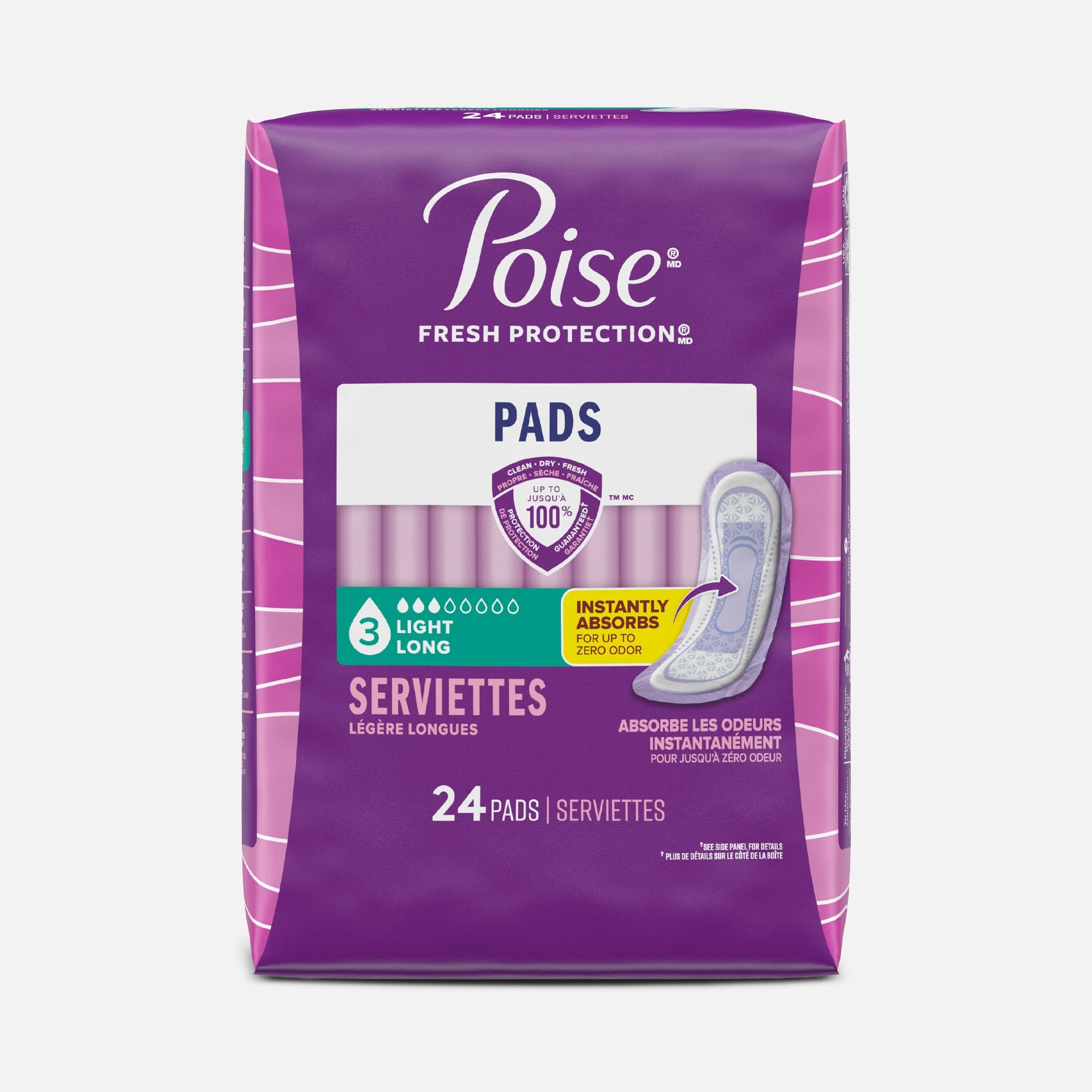 Poise Incontinence & Postpartum Pads for Bladder Leaks, 3 Drop Light Absorbency, Long Length, 24 ct.